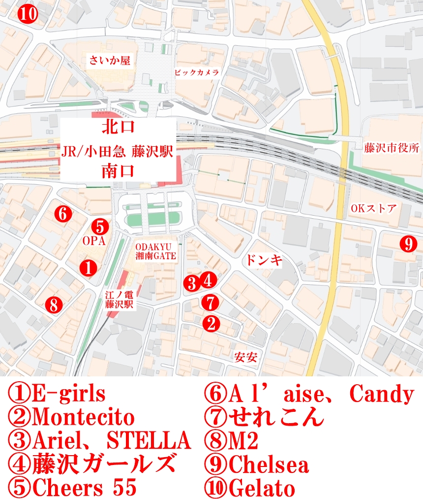 藤沢駅周辺のガールズバーマップ